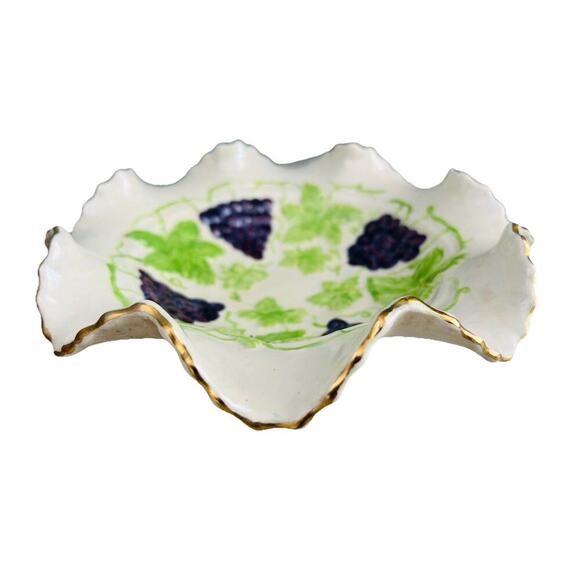 Majolica Ceramic Hand Painted Candy Dish Bowl Grape Design Gold Trim Signed JLM - Picture 9 of 16